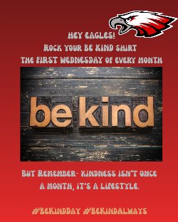 Red background with "be kind" information